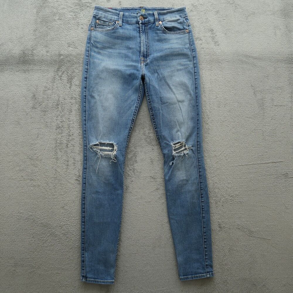 7 For All Mankind Jeans Women's 27 Blue Mid-Rise Skinny 31" Inseam Distressed
